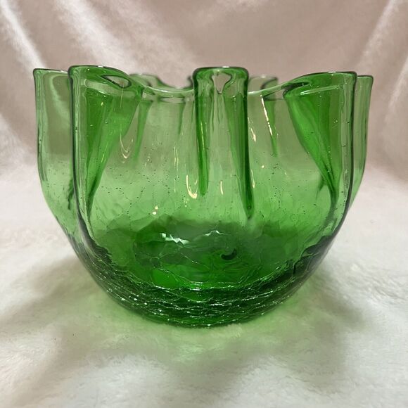 Pilgrim Other - Mid Century Pilgrim Blown Green Crackle Glass Ruffle Vase Rose Wavy Bowl MCM